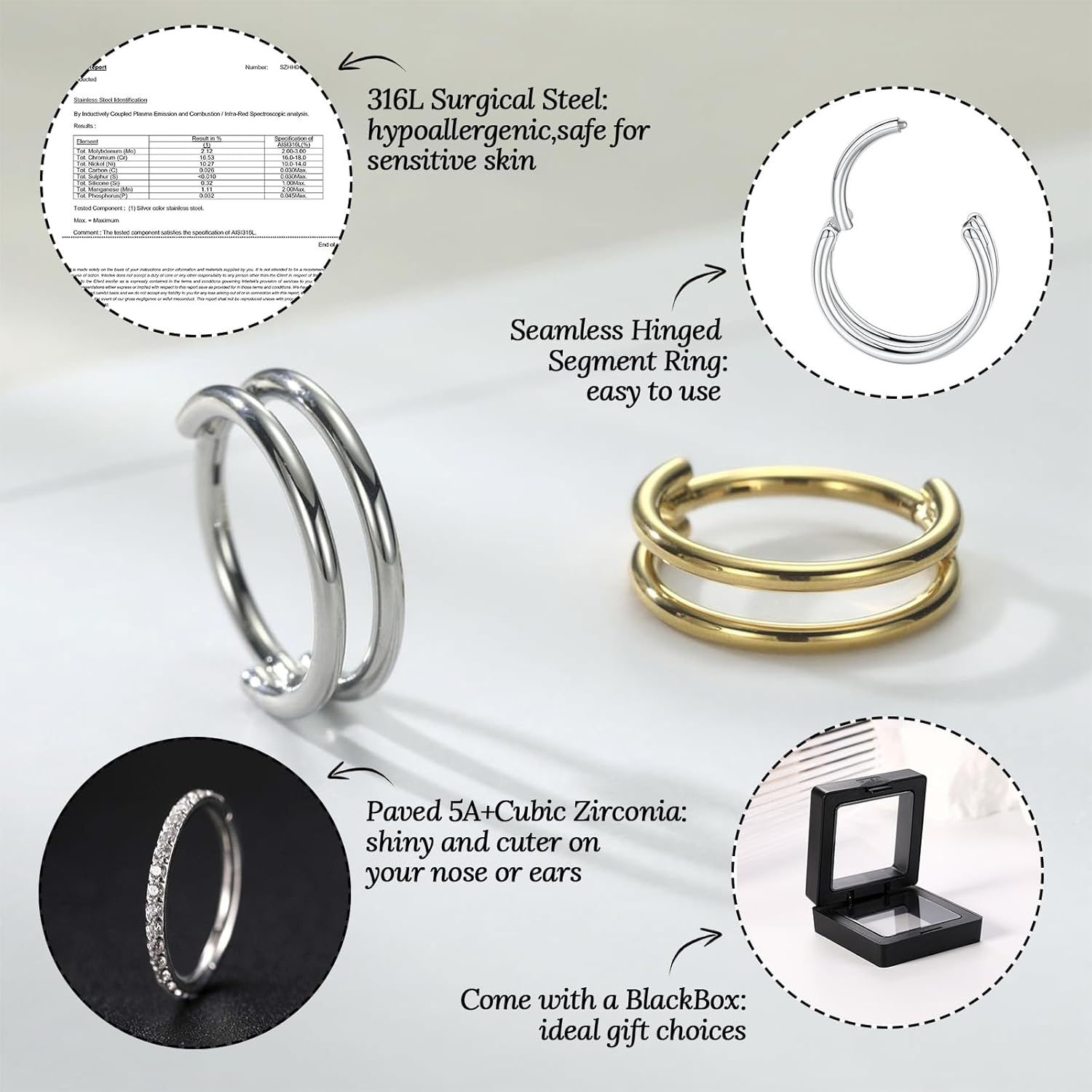 PEAKLINK Triple Double Nose Hoop Ring Conch Hoop Earrings 16G Seamless Septum Jewelry Surgical Steel Helix Cartilage Daith Rook Tragus Piercing 3 PCS Lip Lobe Hoop Earrings 8mm 10mm - Image 4