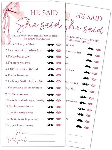 Juegos de boda con lazo rosa, He Said She Said - Juegos de boda para 25 invitados, tarjetas de fiesta de compromiso, suministros de compromiso y
