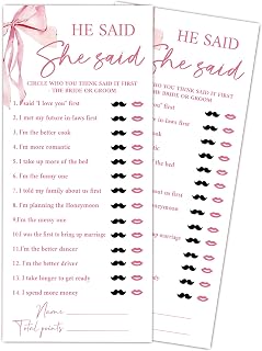 Pink Bow Wedding Shower Games, He Said She Said Wedding Games for 25 Guests, Engagement Bridal Shower Party Cards, Engagement & Bridal Party Supplies-4x9 Inch-A04