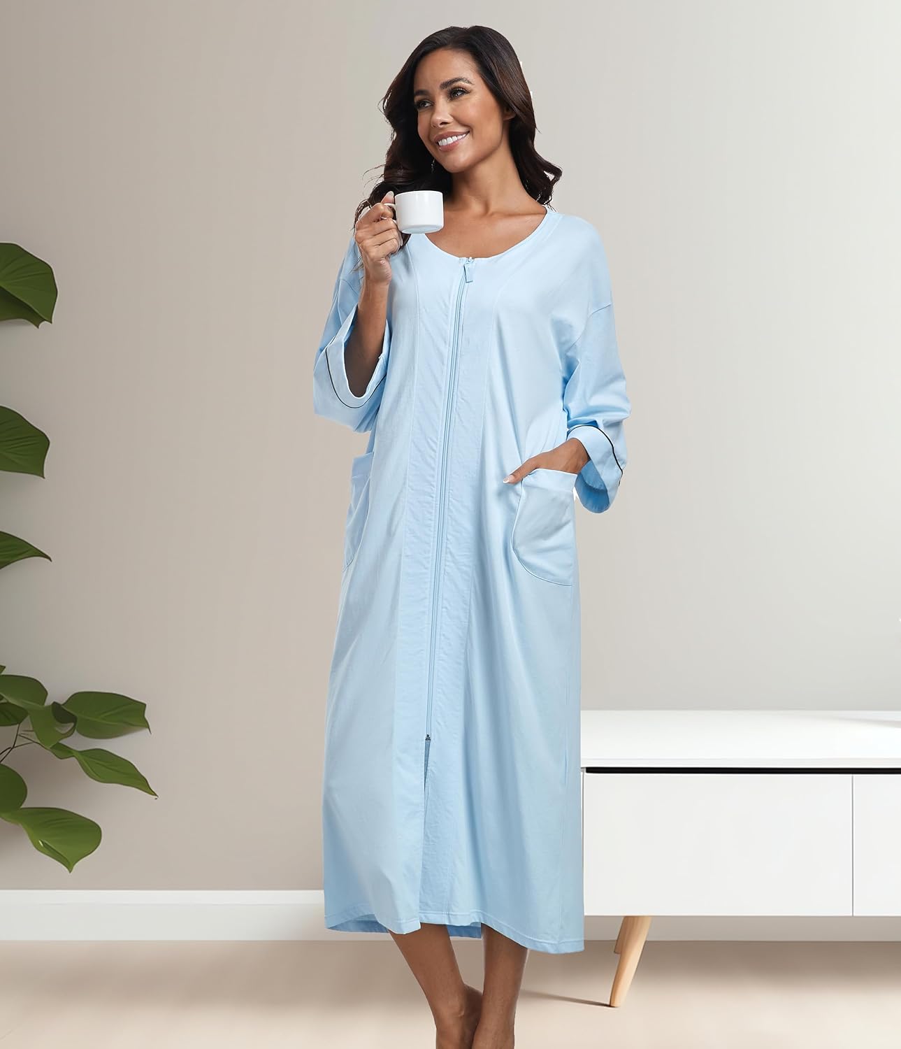 CF Women's 100% Cotton Zipper Robes 3/4 Sleeve Loungewear Knee Length Housecoat Lightweight Zip Up Nightgowns with Pockets - Image 5