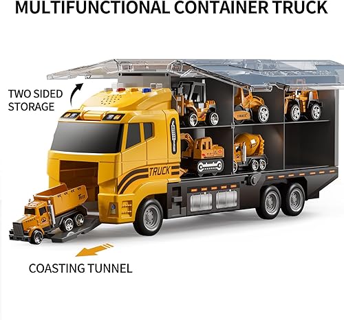 Miniatura 5 de TEMI Juego de juguetes de camión de construcción con alfombra de juego, juguetes de camión transportador para niños pequeños, juego de autos de