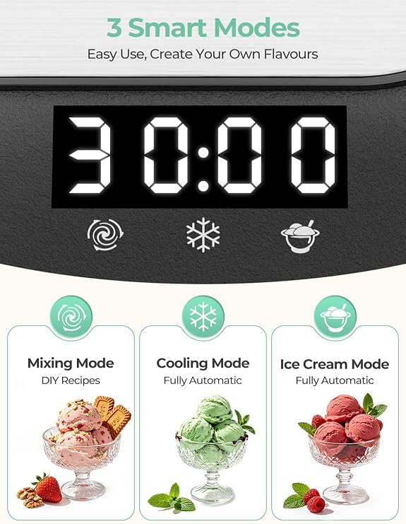 2L Ice Cream Maker with Compressor, No Pre-Freezing Automatic Ice Cream Machine, DIY for Home, Kids & Family Fun, Easy Touch Control