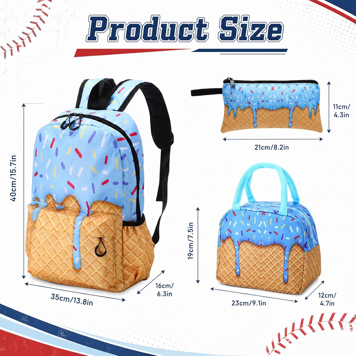 4 Pcs Ice Cream Baseball School Backpack Set
