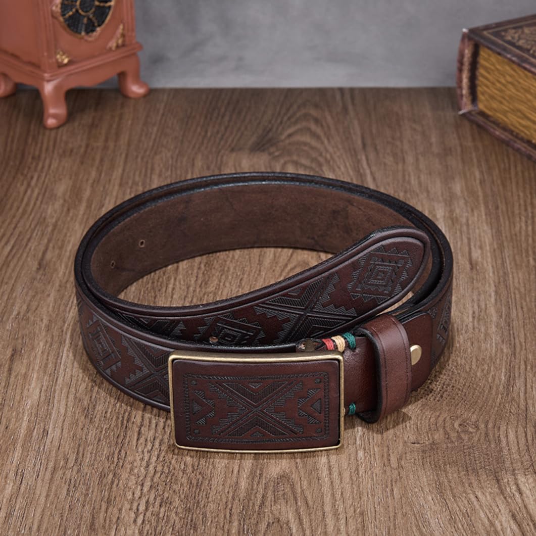 Cintura in Rilievo Fiore Western Fibbia a Scatto con Rettangolo Inciso Ottone Massiccio Retro Fatto a Mano Cinturino in Pelle Stile Country(120cm/47, Coffee)