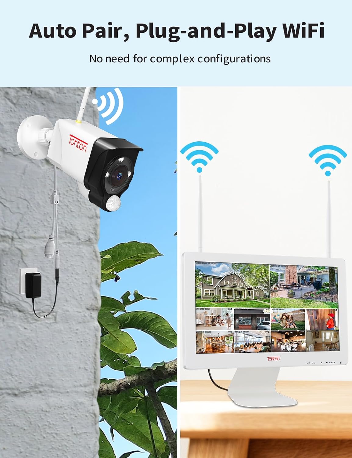 Tonton camera connected to power, and NVR monitor displaying live feeds