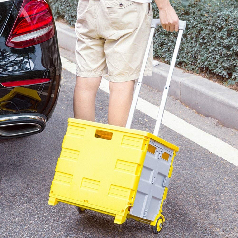 Carretilla con Caja Plegable Carrito De Compras Plegable De Plástico, 2 Ruedas Plegable Carretilla con Asa Telescópica, Transportwagen con Caja De Almacenamiento Tapa, 40kg- 45L Apoyo For Carga / 65L