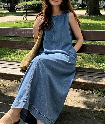 Retro Denim Jumper Dress for Women Sleeveless Crewneck Maxi Long Jean Vest Shift Dress with Pockets