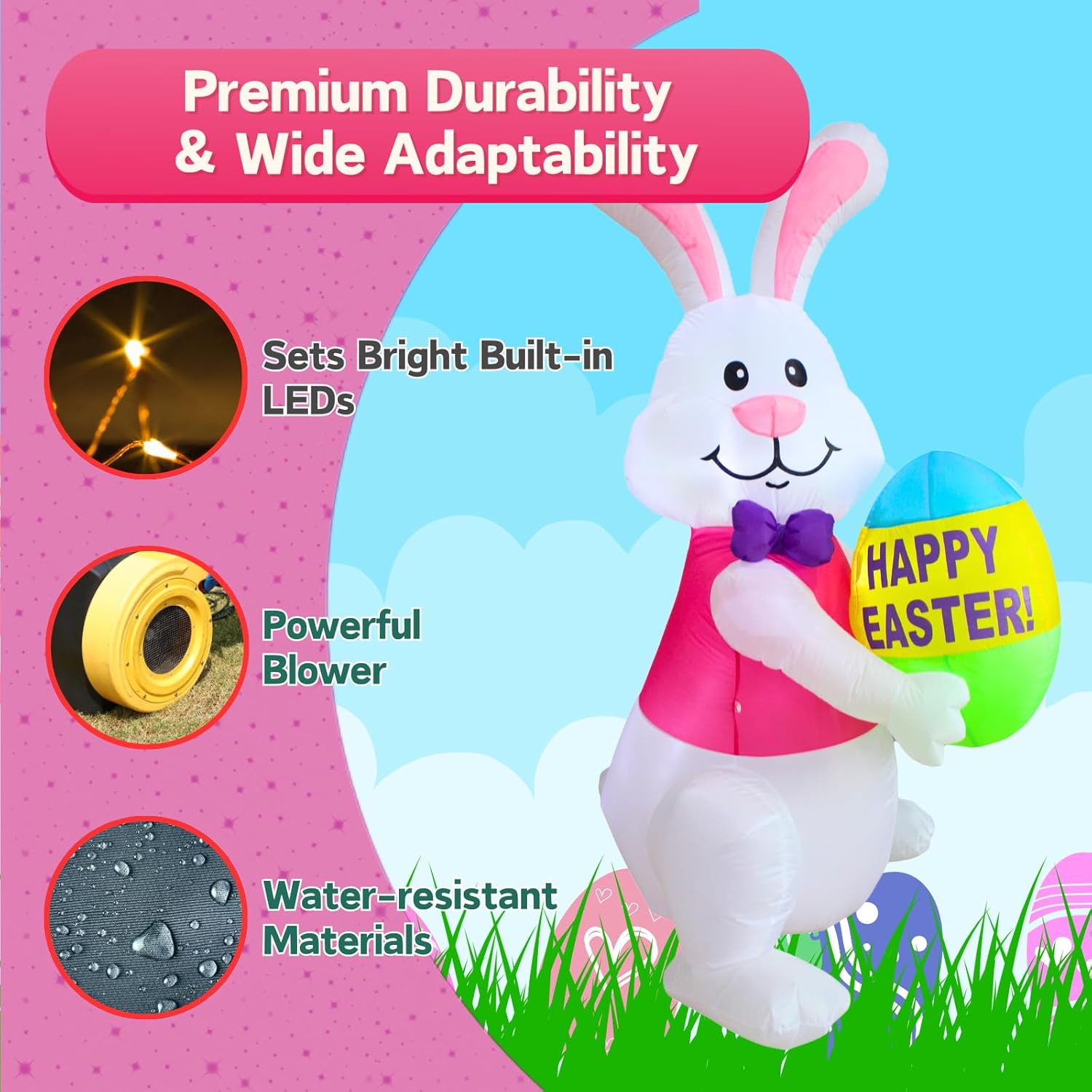 PTS 6FT Inflatable Bunny with Egg Outdoor Decoration, Easter Blow Up Yard Decorations, Built-in LED Lights Inflatables Easter Holiday Funny Decor for Indoor Lawn Garden - Image 5
