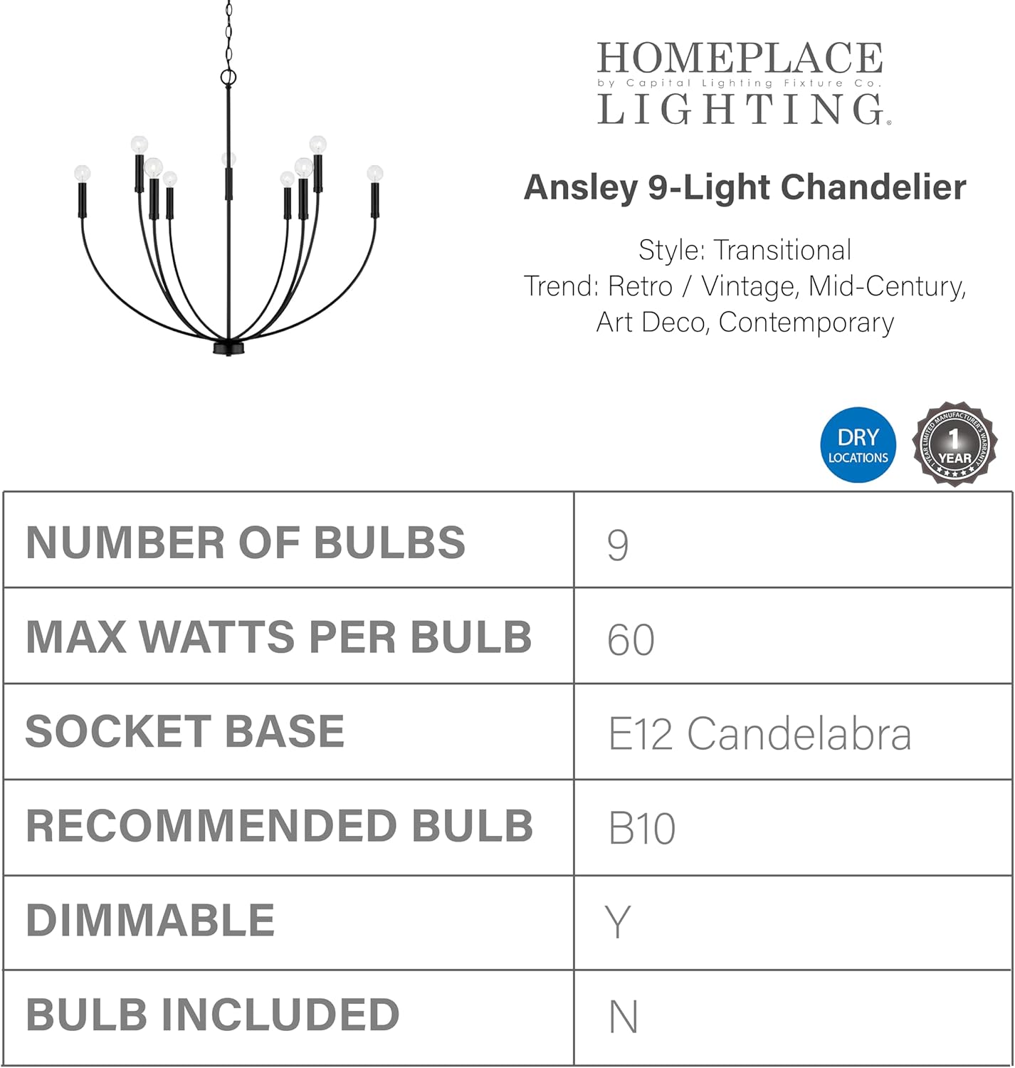 HomePlace by Capital Lighting 452191MB Ansley Retro/Vintage Mid-Century Art Deco Chandelier, 9-Light 540 Total Watts, 33" H x 35" W, Matte Black