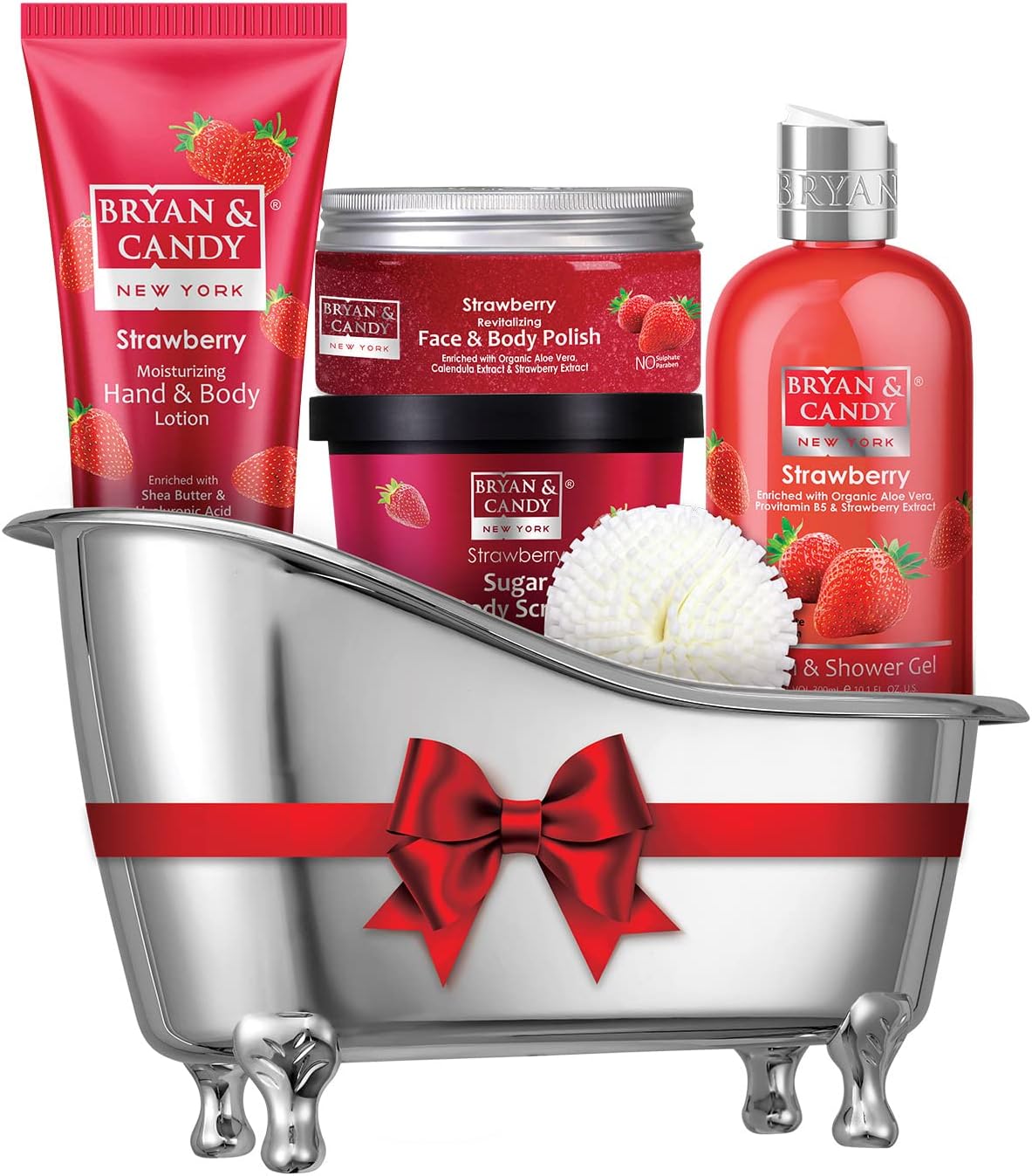 BRYAN & CANDY New York Strawberry Bath Tub Kit for Complete Home Spa Experience (Shower Gel, Hand & Body Lotion, Sugar Scrub, Body Polish)