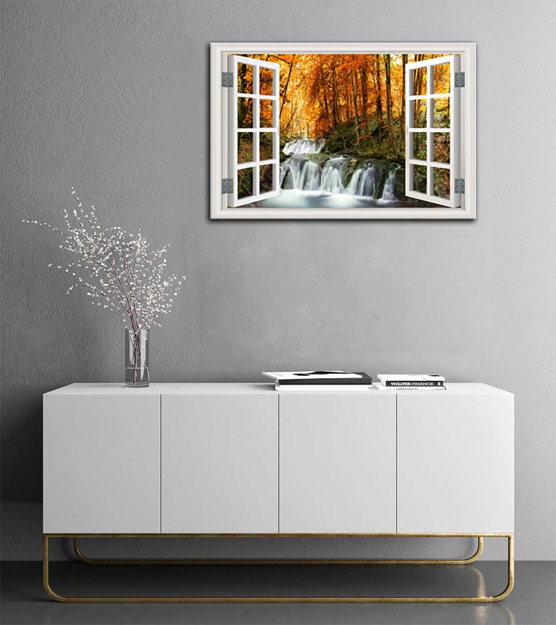 Window Frame Style Waterfall Wall Art Nature Landscape Canvas Wall Decor Contemporary Autumn Landscape Painting Artwork Red Tree Forest Steam Rock Picture for Living Room Framed Ready to Hang