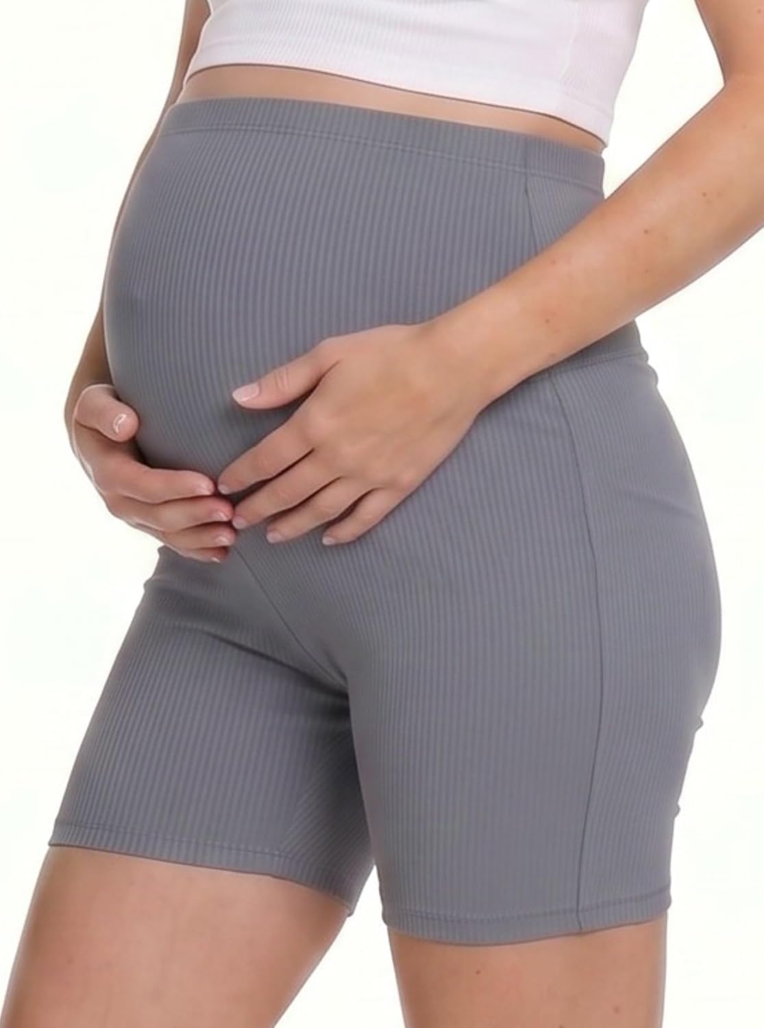 Motherhood Maternity Women's Over The Belly Ribbed Biker Pregnancy Workout Shorts