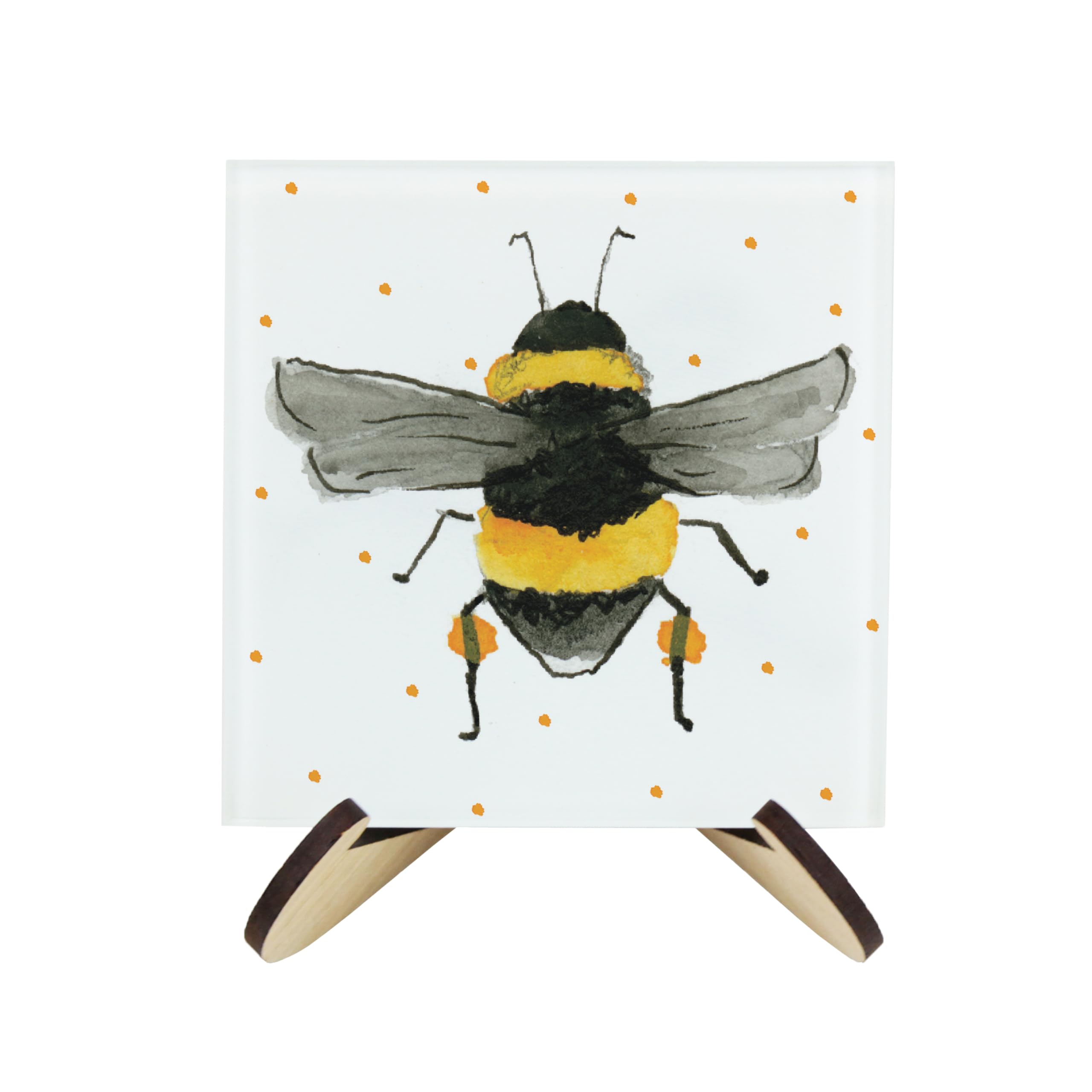 Purely Home Scattered Bees Glass Coasters & Stand Set - Square Painted Bumblebees & Dots By Rhiannon Chauncey - Set Of Four (4) Coasters & Wood Effect Stand