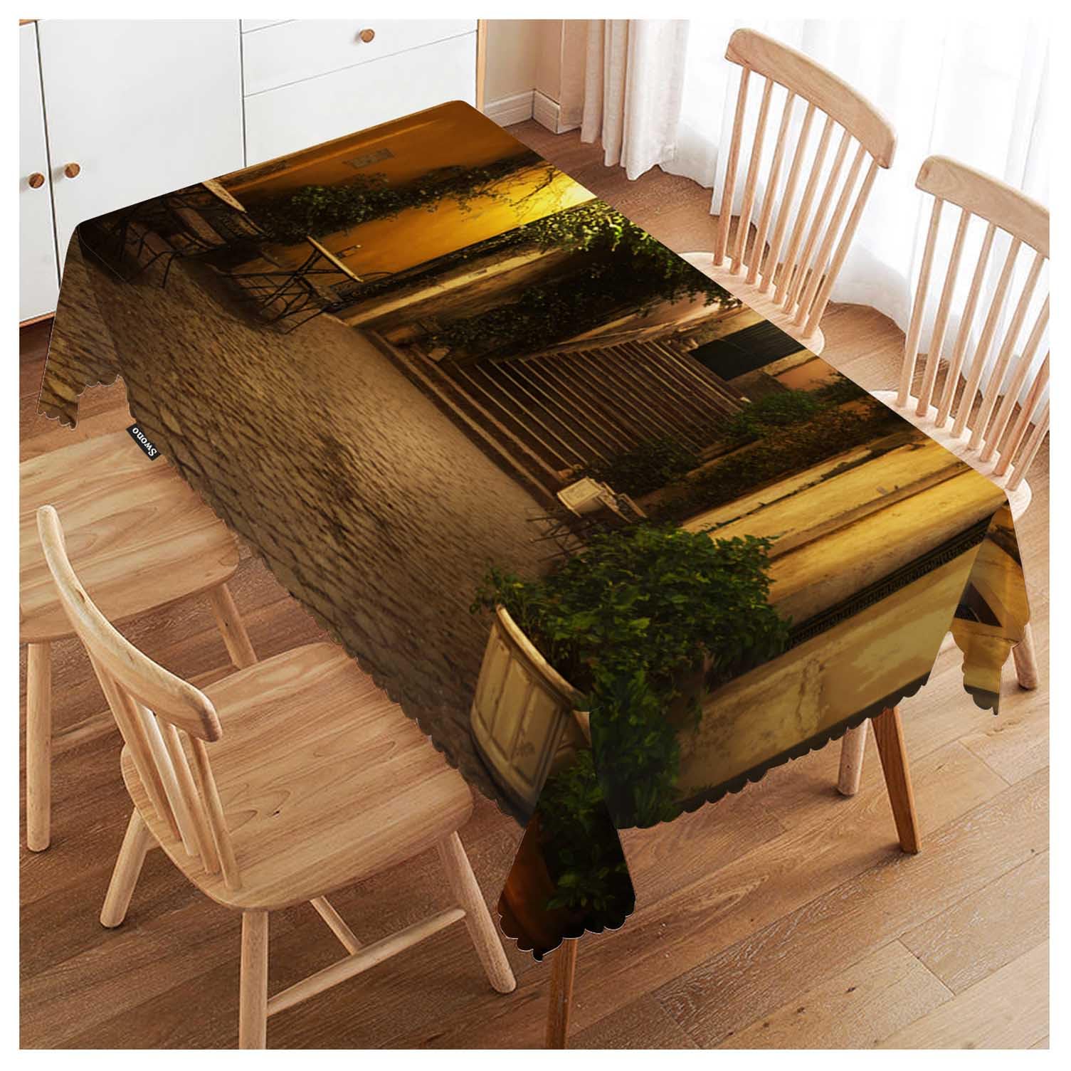 FJQWKLF Old Courtyard Rectangle Tablecloth Italy Houses Street Night Cityscape Table Cloth Dining Table Cover for Home Kitchen Restaurant Party Buffet Picnic, 52x70 Inch