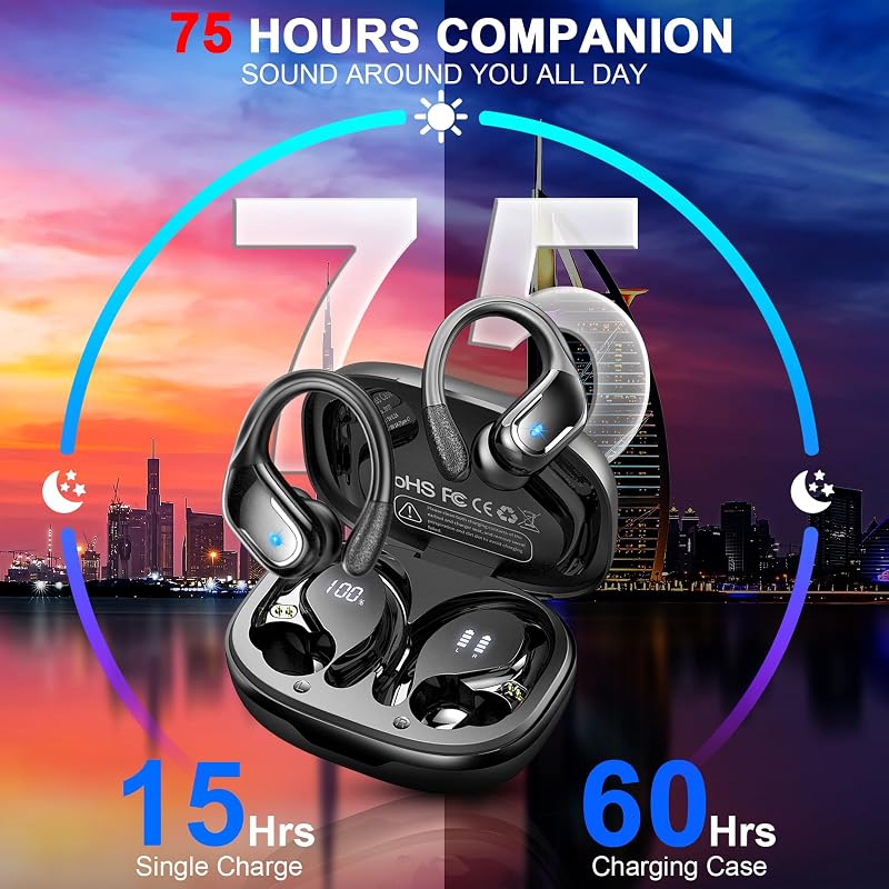 Wireless Earbud, 75Hrs Bluetooth 5.4 Headphones IP7 Waterproof for Sport, Running Wireless Earphones with ENC Noise Cancelling Mics, Deep Bass Over Ear bud with Earhooks for Android, iOS, Workout, Gym image 2
