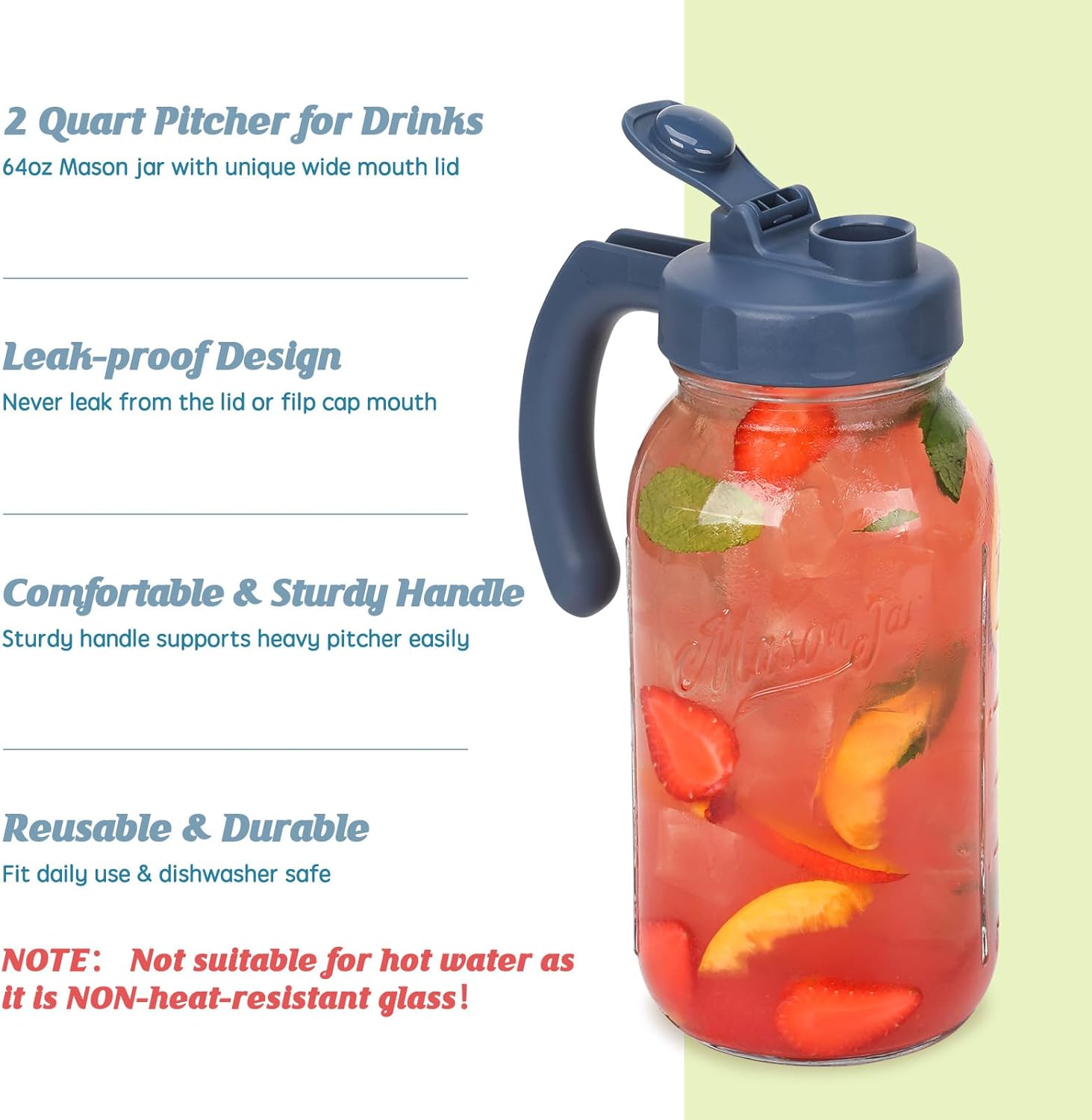 Soligt Glass Mason Jar Pitcher with Lid, Wide Mouth Flip Cap Pour Spout Leak-proof Lid with Handle, 64 oz (2 Quart / 1.9 Liter), Navy and Yellow, 2 Pack - Image 4