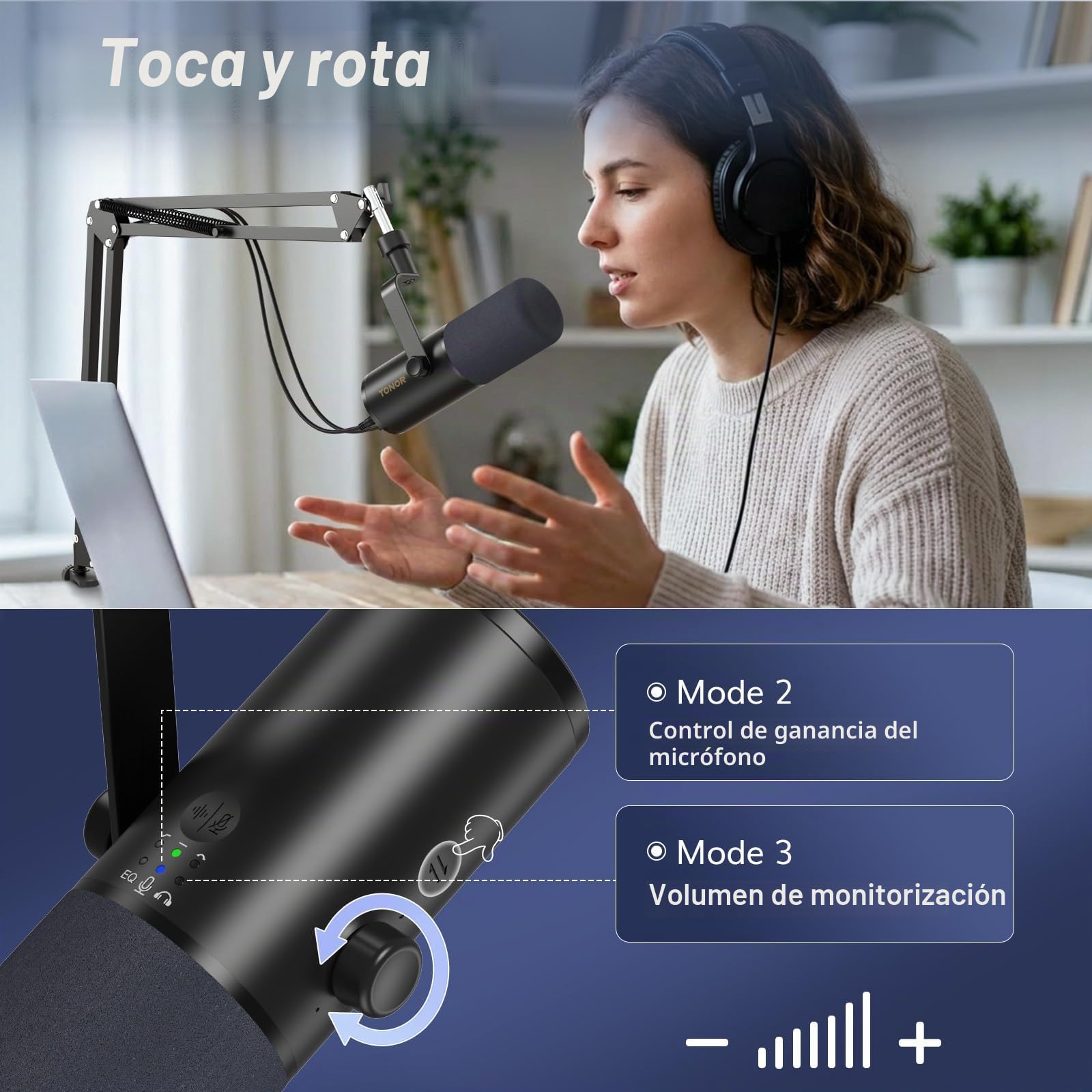 TONOR USB/XLR Microfono Dinámico para Juegos, PC Micrófono Cardioide de Estudio con Brazo Soporte para Podcasting, Streaming, Conector para Auriculares de 3,5 mm y Botón de Silencio, TD510 Air H+