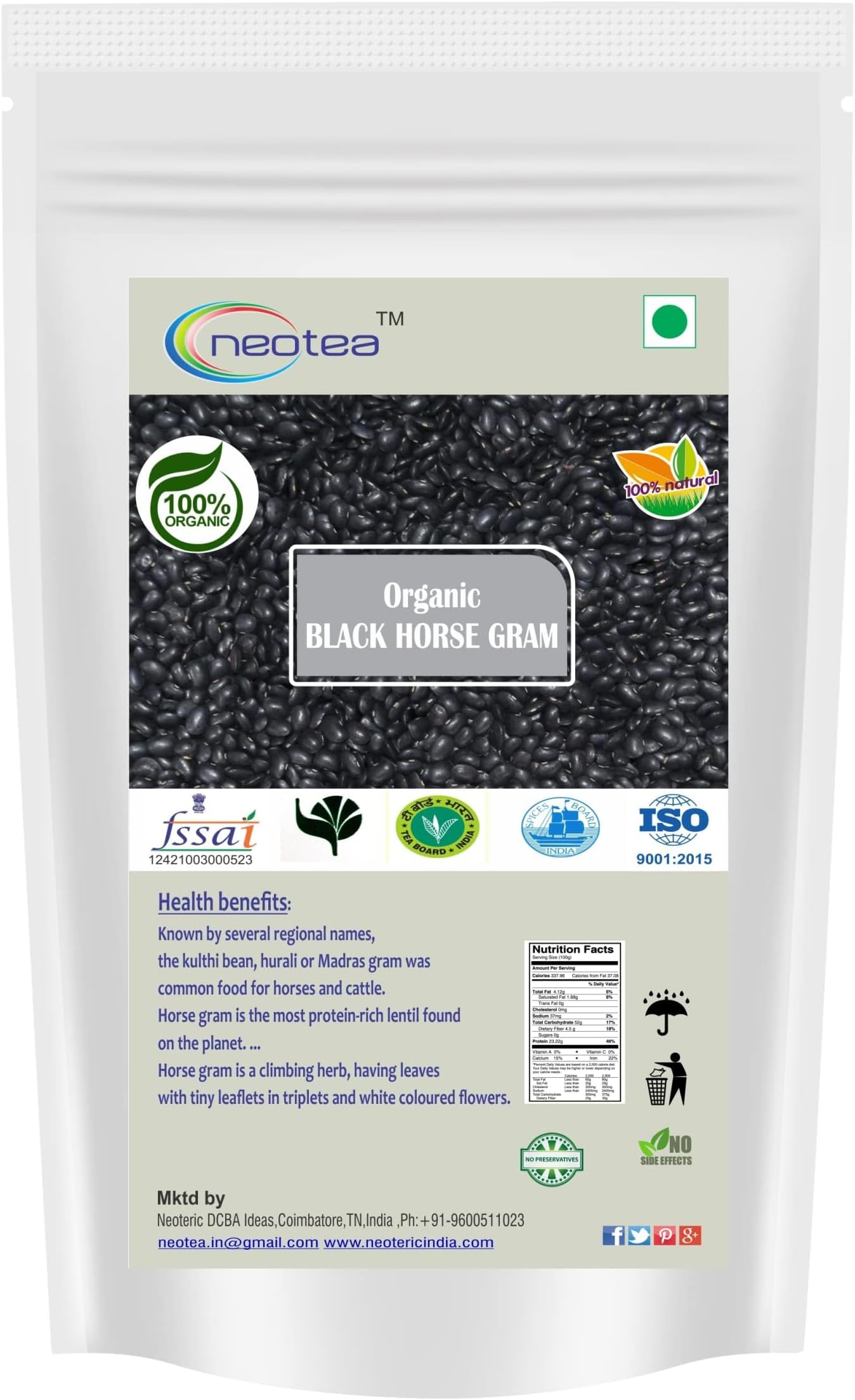 Neotea Organic Black Horse Gram (Karuppu Kollu) | Traditional Lentil | High in Protein & Fiber | Gluten-Free, Non-GMO | Versatile for Soups, Curries, and Stews | 500 GM