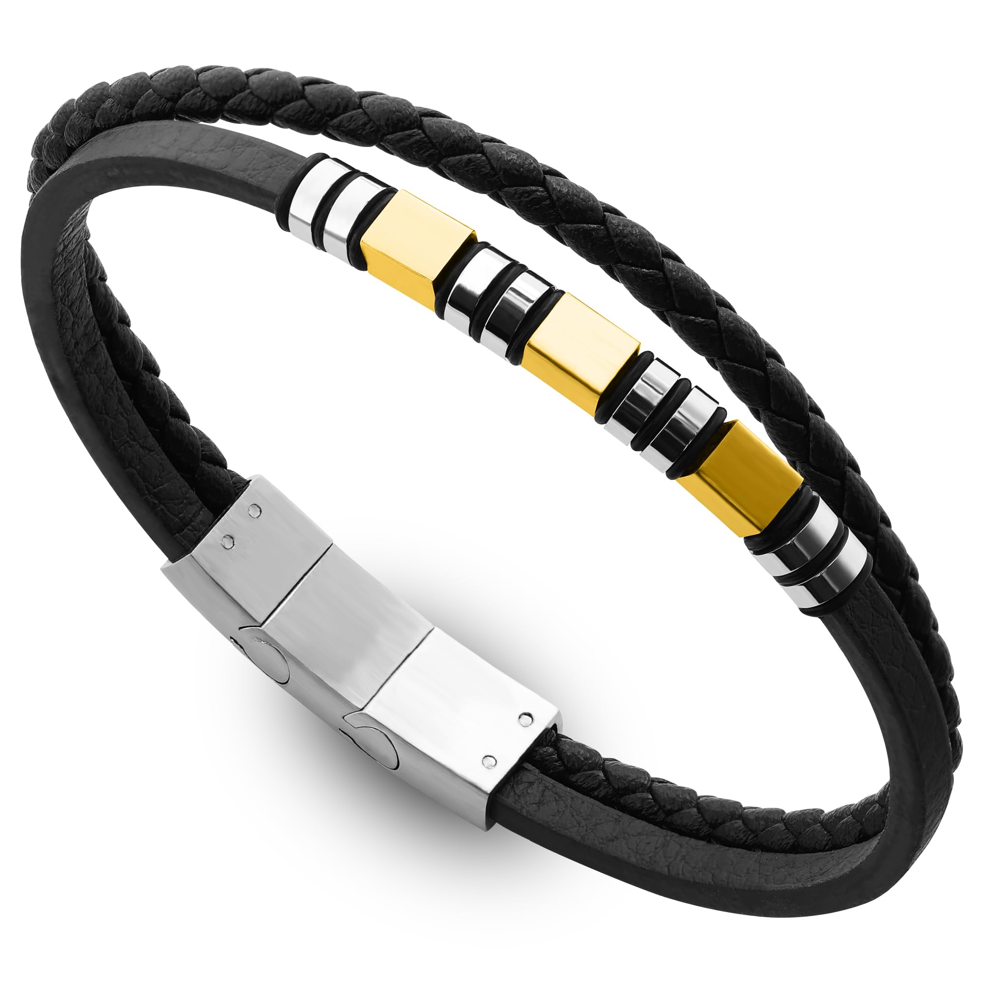 Hengbofeng Mens Bracelet,Gifts for Men,Double-Row Black Braided Leather With Black Stainless Steel Jewelry Bracelets for Men, For Dad, Friends, Brother