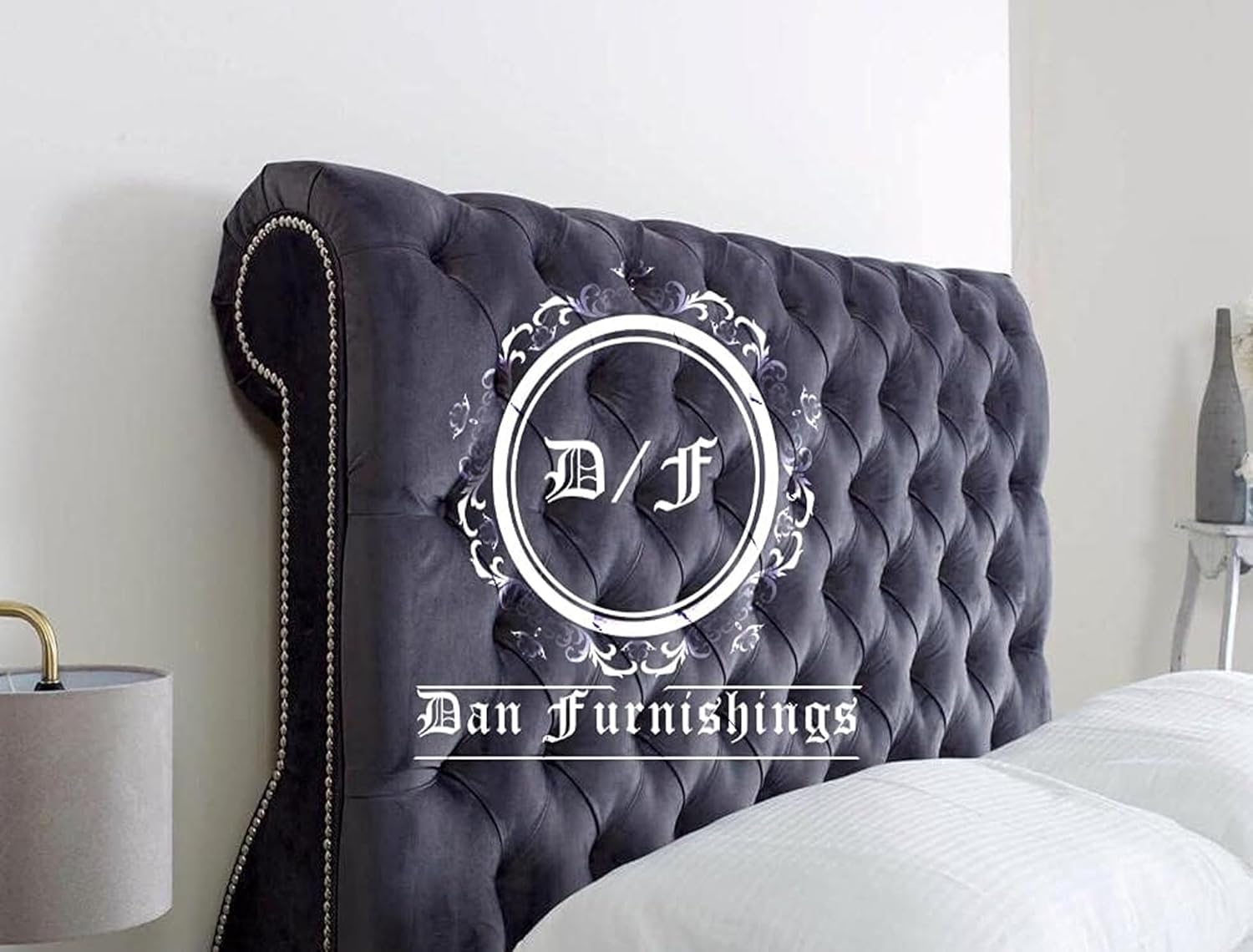 TMF New Beautiful Chesterfield Fabric Swan Sleigh Scroll Studded Bed