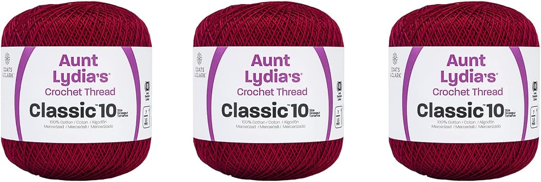 Aunt Lydia Classic Burgundy Crochet - 3 Pack of 350y/320m - Cotton - Gauge 10 - Crochet