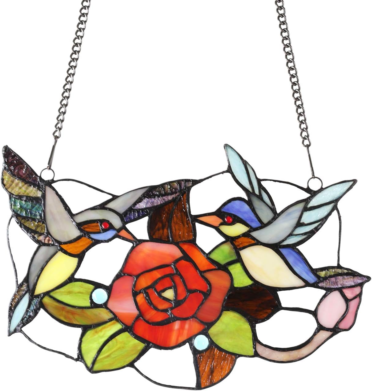 MELUCEE Tiffany Stained Glass Window Panel 13 Inches Wide with 33 Inches Chain