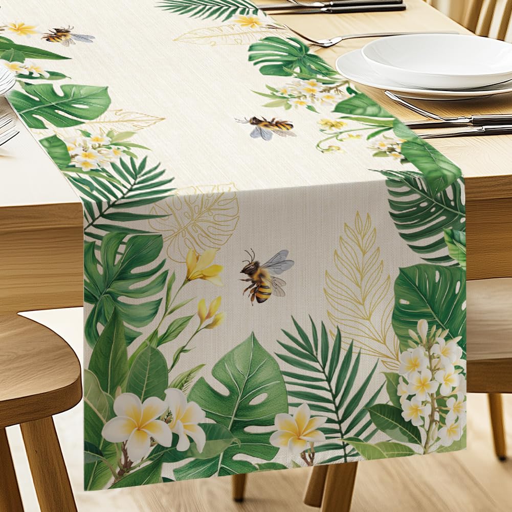 Chemin de table en lin Monstera ANATTASOUL 33x183 cm pour déco d'été