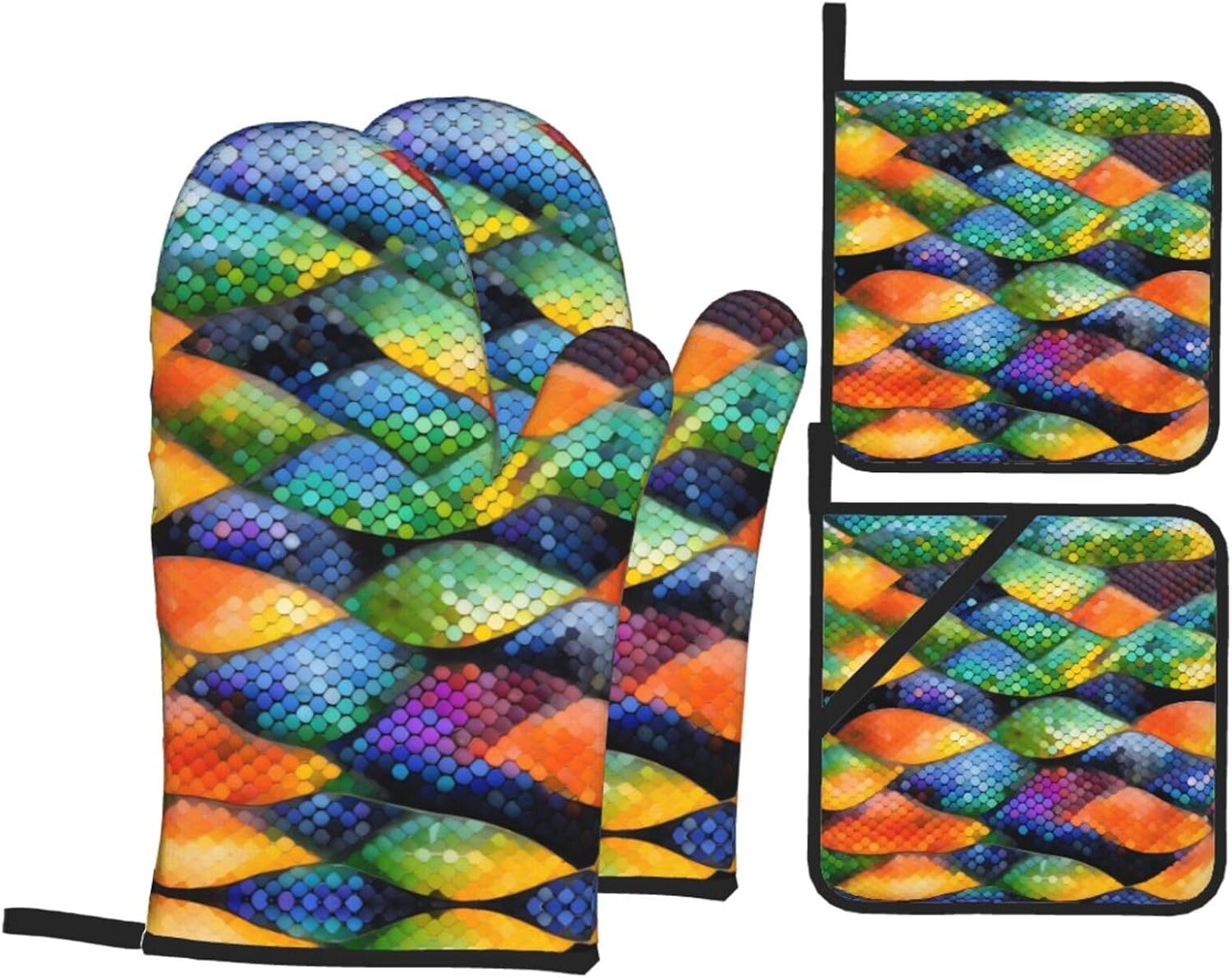 Rainbow Fish Scale Oven gloves and heat-resistant mat 4-piece set. Suitable for grilling, microwave oven frying, and baking