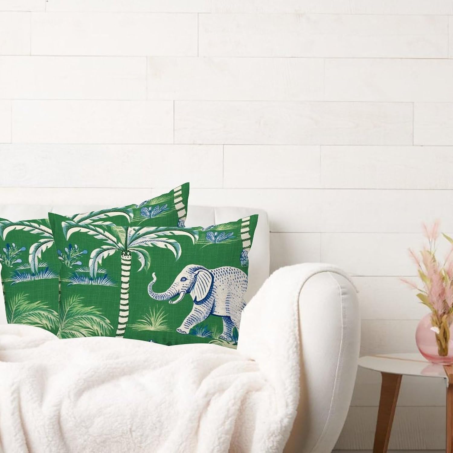 Green with Elephant and Donkey Pillow Cover Set of 2 Ethnic Style Lumbar Pillow Cover 20x30in Decorative Pillow Home Cotton Linen Chic Cushion Cases for Living Room Bedroom Chair Couch