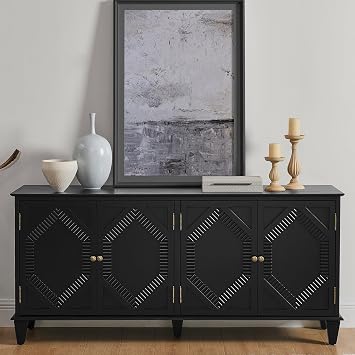 Modern Sideboard Buffet 65" Accent Cabinet, Rustic Wood Credenzas Entryway Table with Storage for Living Room Home Bar, 4 Doors & Adjustable Shelves Black
