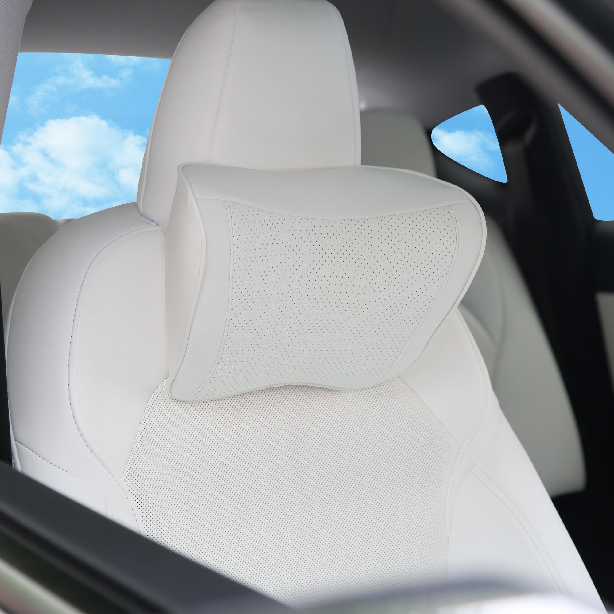 Oreiller Appui-Tête Voiture en Cuir 100% Mousse à Mémoire de Forme, Coussin de Nuque de Soutien de Siège Premium pour la Conduite, Les Voyages, la Maison, Le Bureau, Blanc, 1 Unités