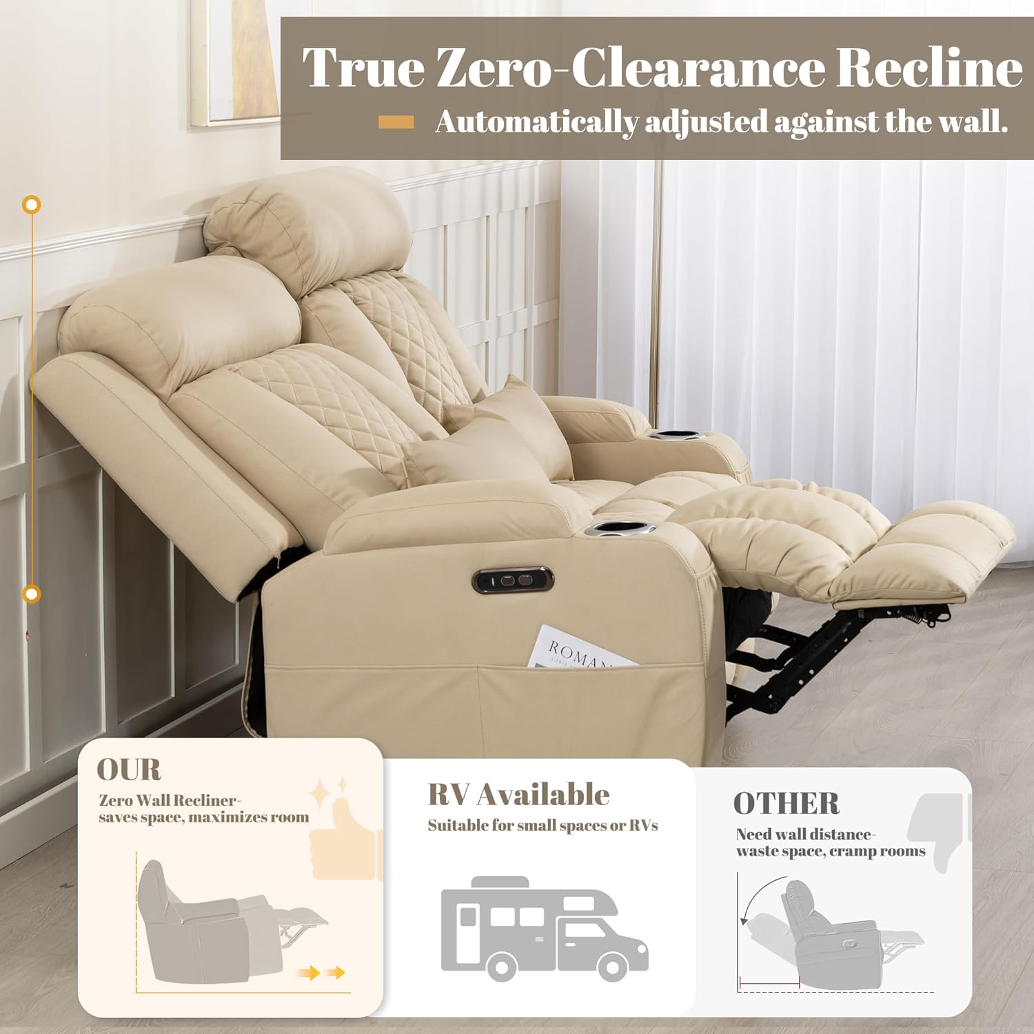 Zero Wall Hugger Power Reclining Loveseat with Adjustable Headrest, Power Loveseat Recliner Sofa with USB&Type-C Ports, Wall Hugger Loveseat Recliner for Living Room(Beige, 2 Seater)
