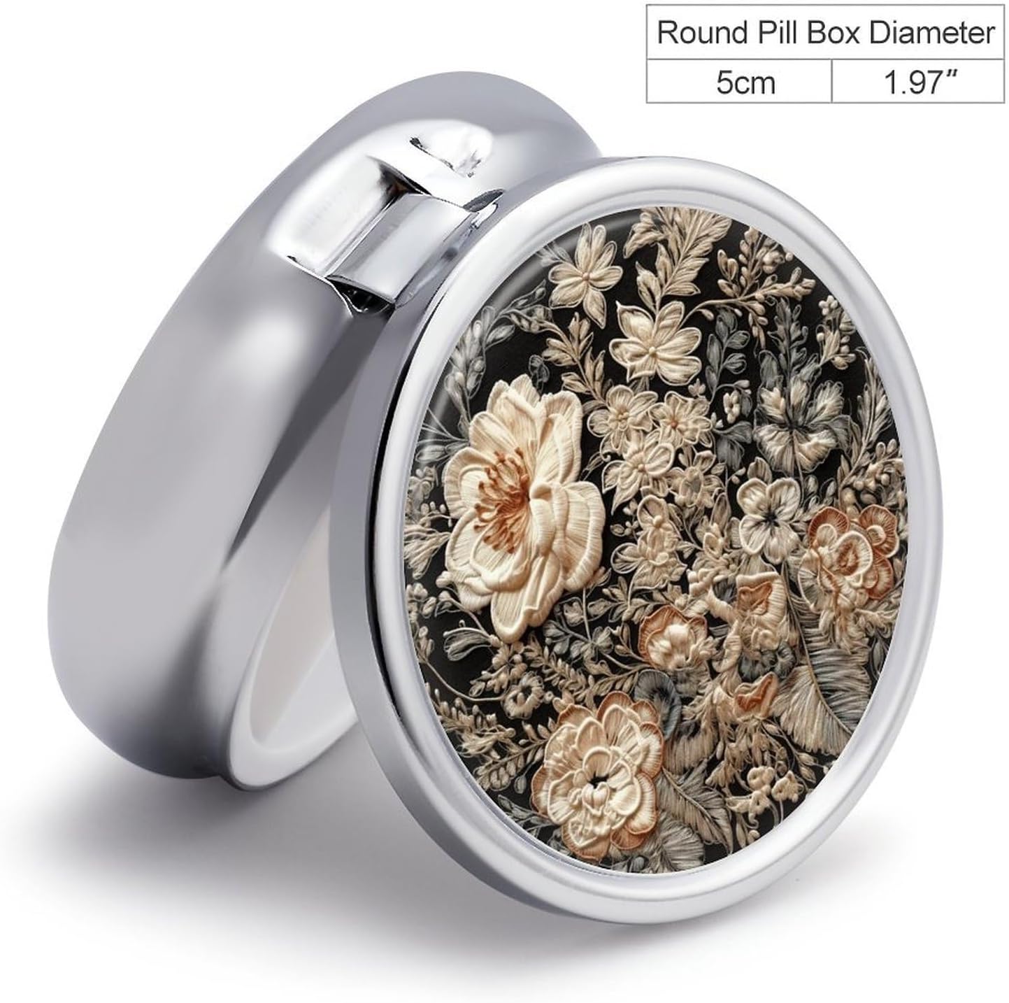 Round Silver Pill Box Small Pill Case for Purse and Pocket 3 Compartment image 2