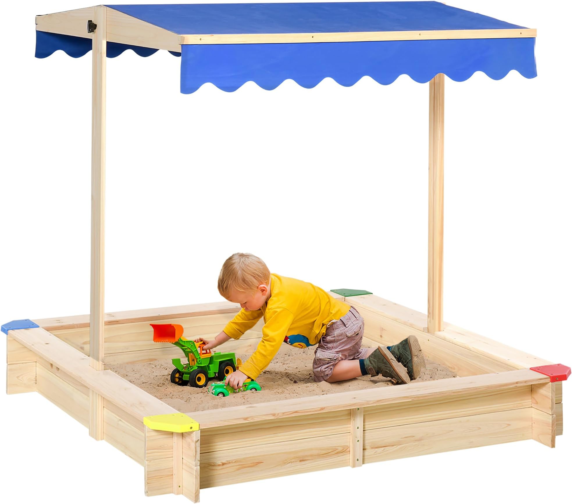 Outsunny Wooden Sandbox w/Adjustable Canopy, Children Outdoor Playset Weather Resistant 47" L x 47" W x 47" H, Natural & Blue