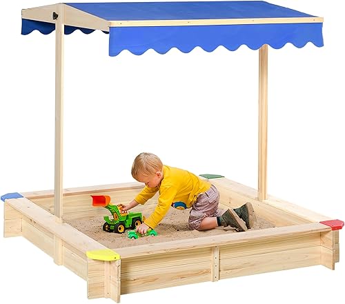 Outsunny Caja de arena de madera con toldo ajustable, juego para niños al aire libre resistente a la intemperie, 47 pulgadas de largo x 47 pulgadas