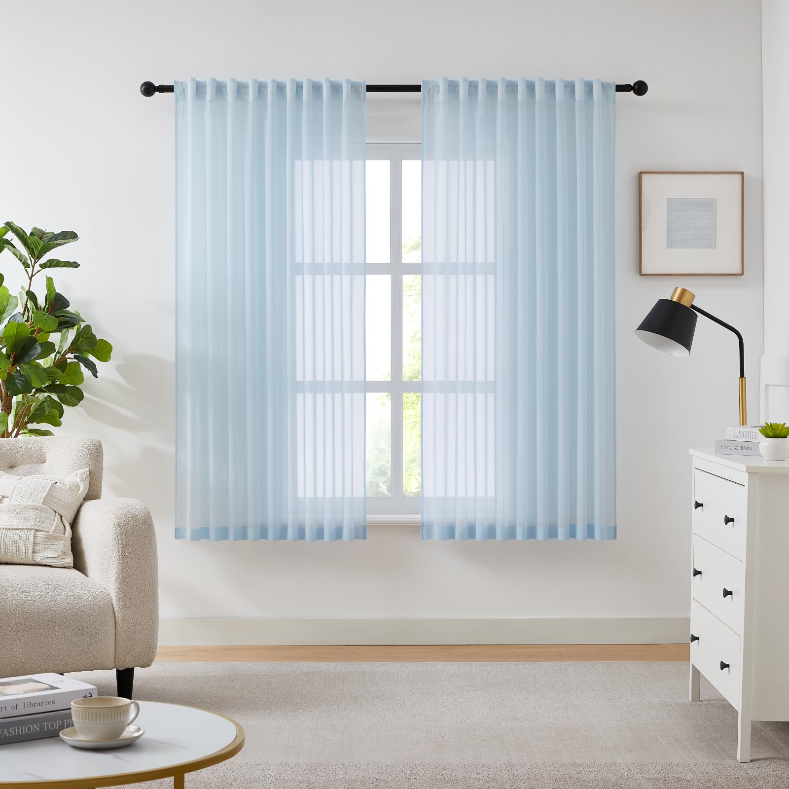 Melodieux Lot de 2 rideaux coulissants avec galon fronceur, modernes, pour chambre d'enfant, cuisine, bleu ciel, 210 x 137 cm (H x l)