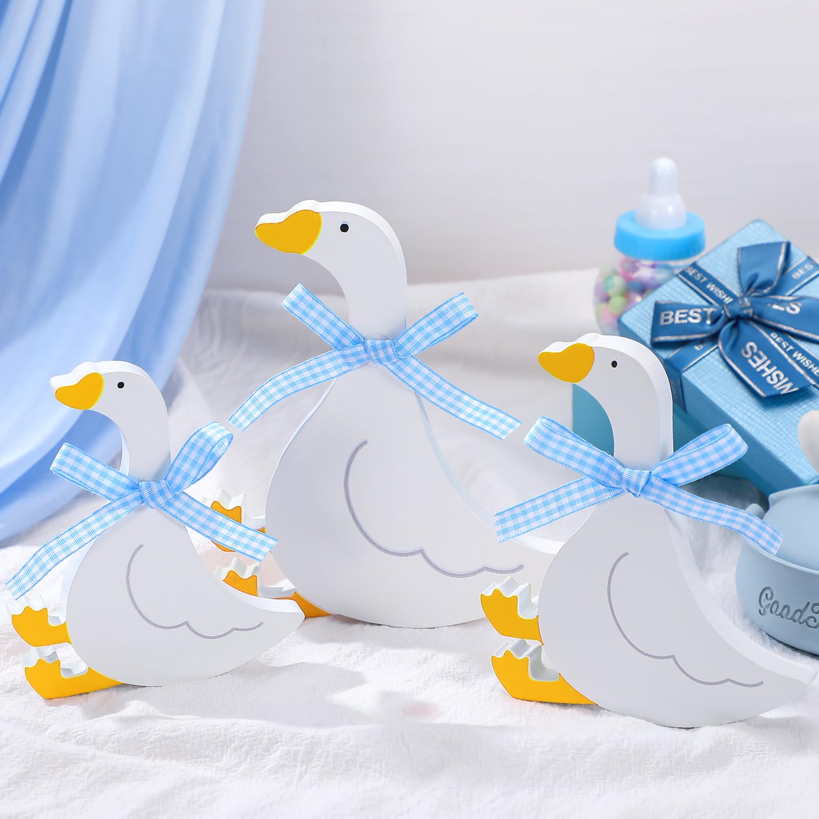 Photo 1 of Yousoontic 3 Pcs Wooden Silly Goose Decorations, Cute Goose with Blue Bow, Funny Table Centerpiece for Baby Shower, 1st Birthday, Nursery, Tiered Tray, Desk & Shelf Decor, 5.9/4.9/4.3 Inch
