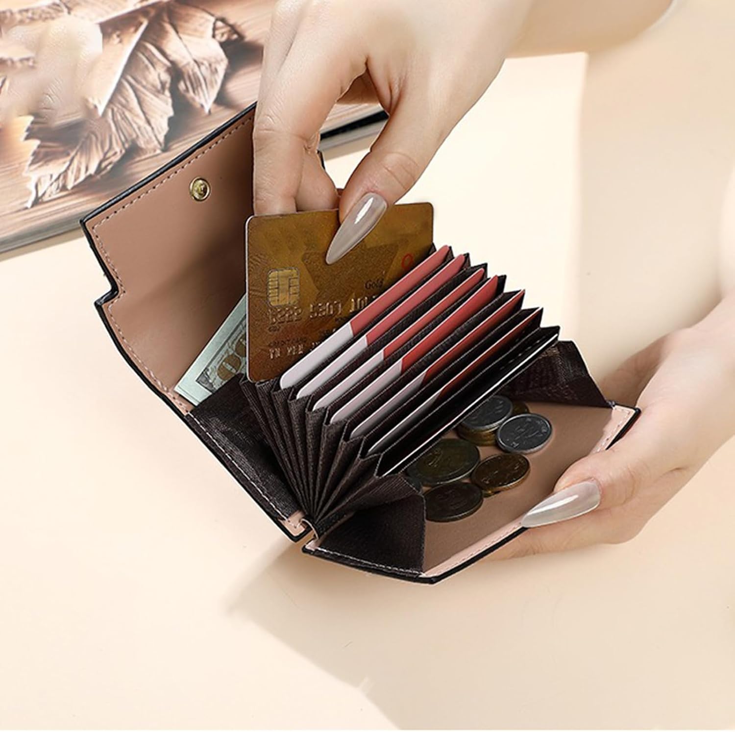 Pu Leather Small Credit Card Holder for Women Wallet Accordion Style Compact Womens Card Holder Wallet for Women Card Case Organizer (Orange)