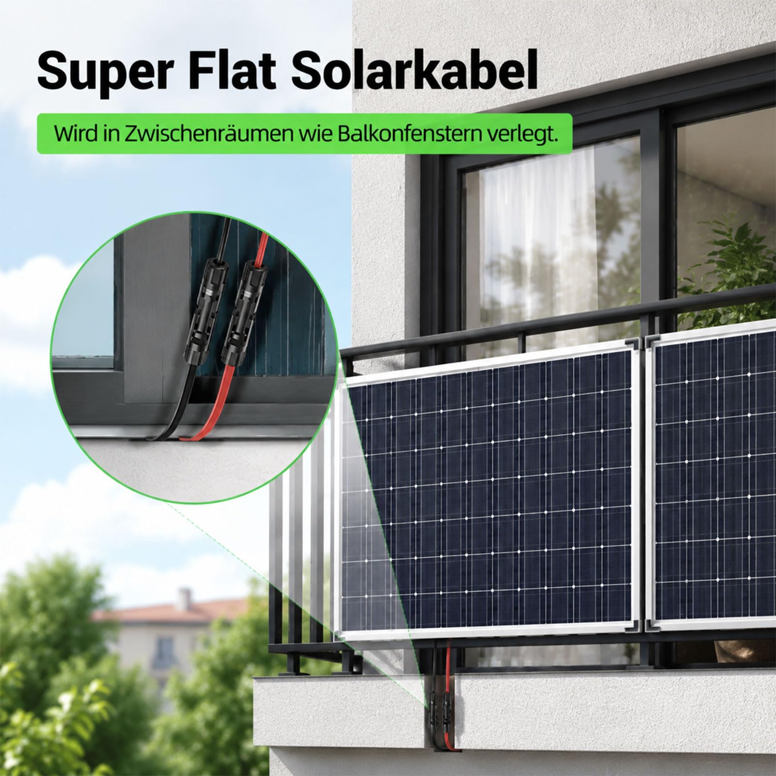 2 Stück 2M Solarkabel Fensterdurchführung, Solarpanel Flachkabel 4mm² PV Flach Solarkabel Flexibel mit Stecker und Kupplung für Balkonkraftwerk