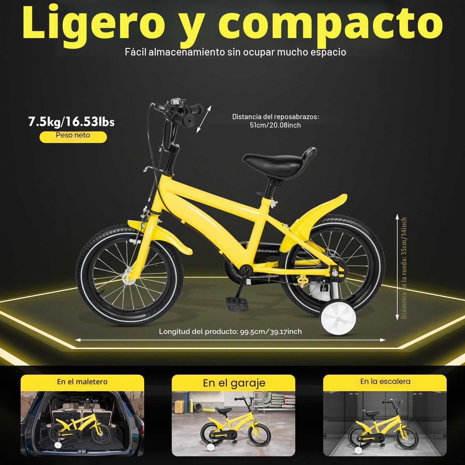 Bicicleta infantil de 14 pulgadas, para niños y niñas de 3 a 6 años, altura regulable, bicicleta para niños con ruedas estabilizadoras y sistema de frenado dual (amarillo)