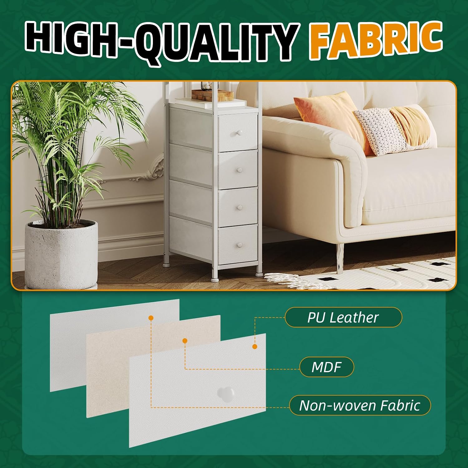 CAIYUN Narrow Dresser with 4 Fabric Drawers for Bedroom, Slim Nightstand, Small Spaces Dressers Chest of Drawers, Side Table End Table Tall Skinny Cabinet Night Stand for Bathroom, Closet White