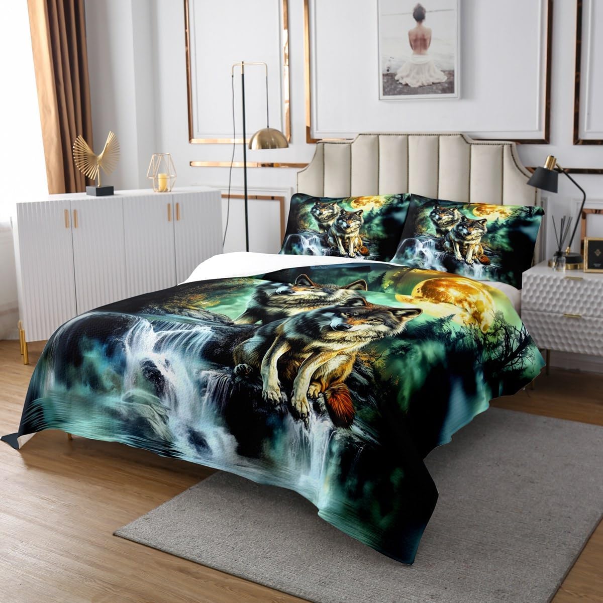 Castle Fairy 3D Wolf Bedspread King Size,Wild Animals Bedding Set 3Pcs for Kids Teens Men Adult Room Decor,Tropical Waterfalls Comforter Set Nature Scenery Green Coverlet Quilt,2 Pillowcases