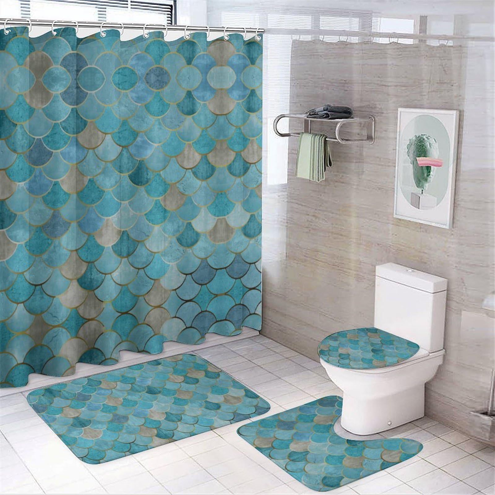 JZemdybill Bathroom Mat Set 4 Piece, Gold Mermaid Scale Shower Curtain with Non-Slip Bath Mats for Bathroom