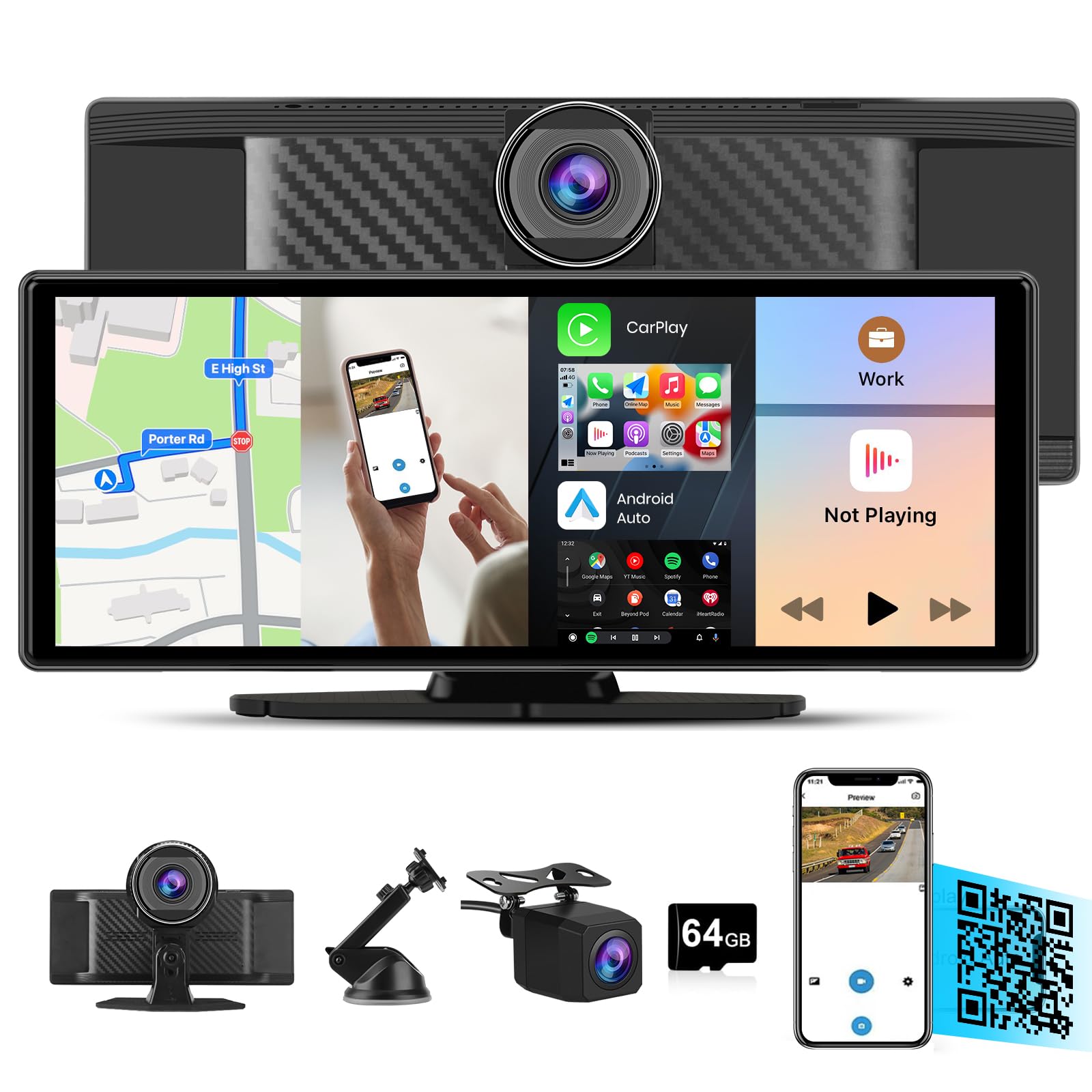 AWESAFE 10.26”Pantalla de Coche CarPlay/Android Auto/MirrorLink Inalámbrico, Reproductor Pantalla Tactíl Admite 4K Dash CAM/Cámara de Trasera/Bluetooth/USB/SD/FM/Control por Voz