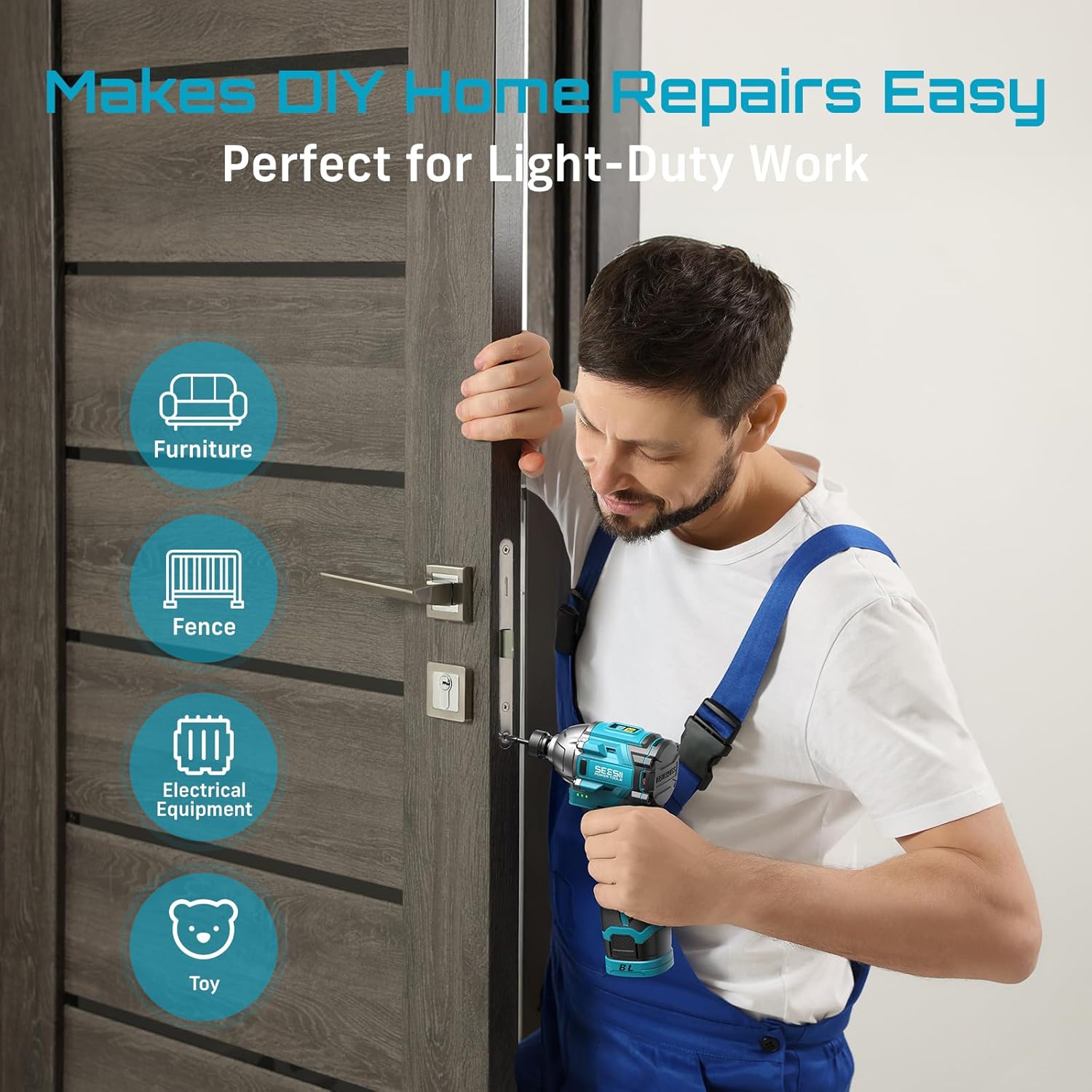 A man using the Seesii impact driver for a DIY home repair on a door, with icons illustrating suitable applications like furniture, fence, electrical equipment, and toys.