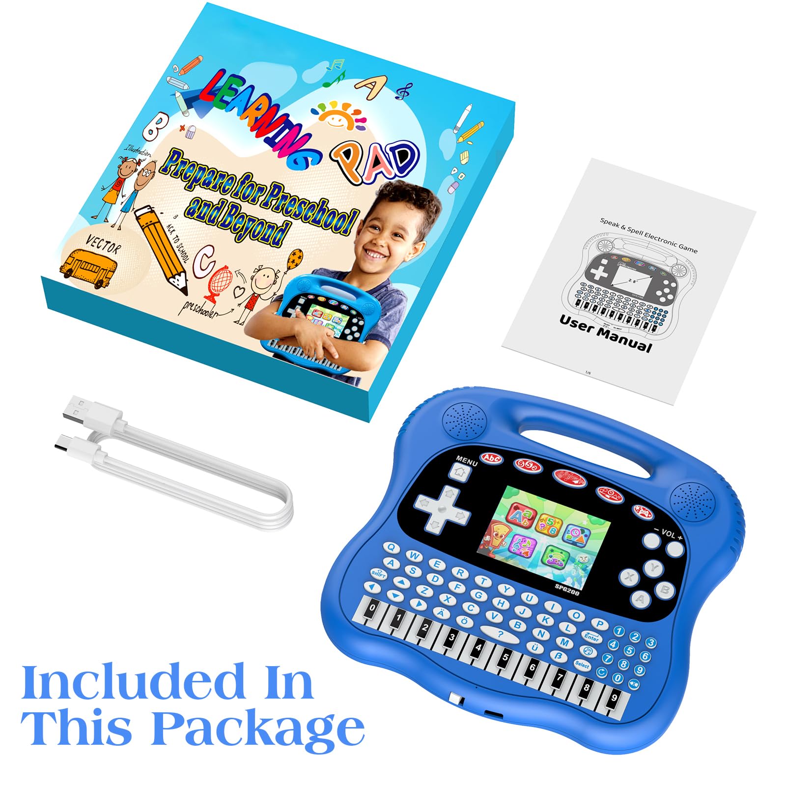 Tableta de aprendizaje para niños, pantalla a color HD de 3.0 pulgadas, alfabeto, palabras, matemáticas, juegos, música, preescolar, electrónica educativa interactiva para niños y niñas 6
