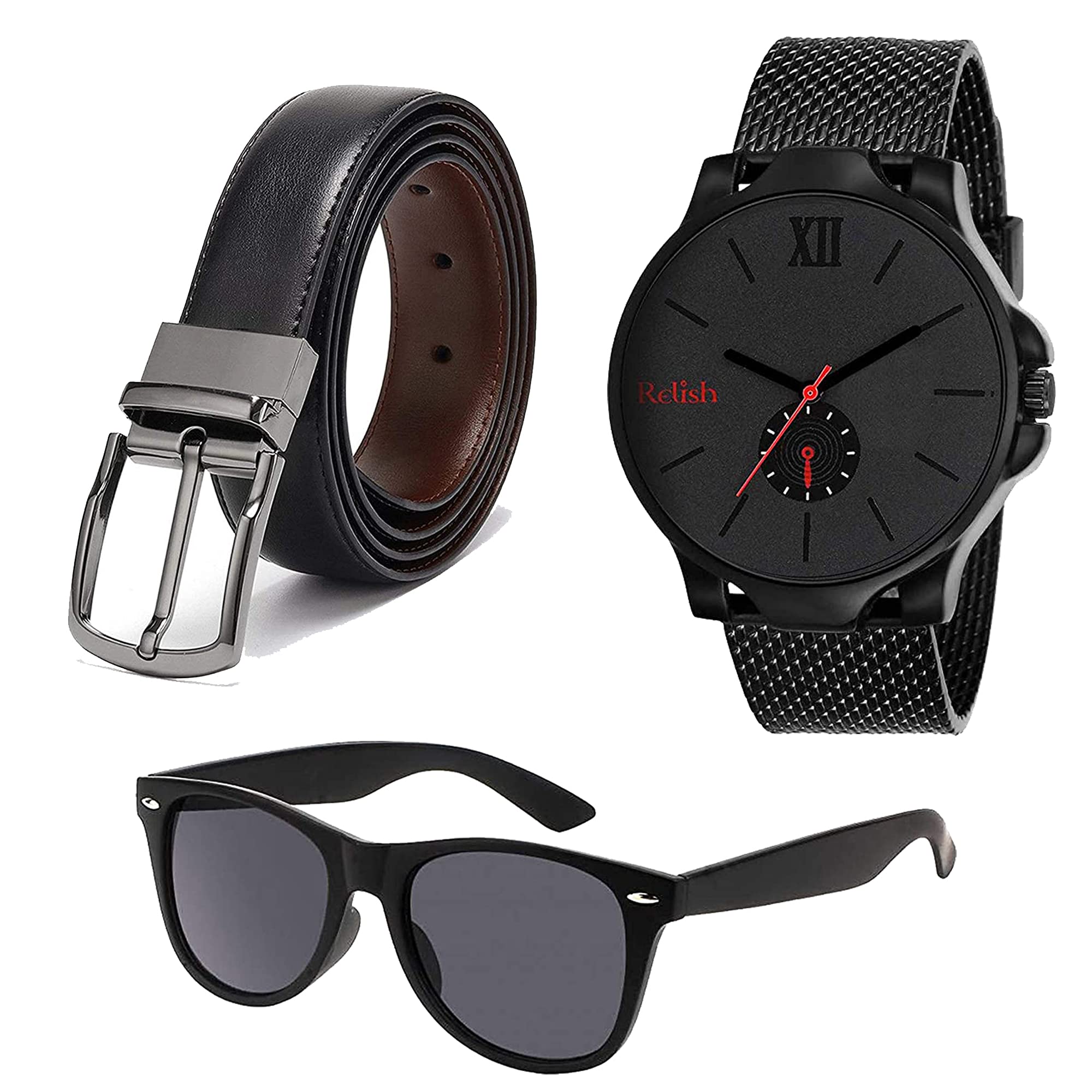 Relish Analogue Mens & Boys Watch, Black Sunglasses and Reversible PU-Leather Belt Combo for Gifts (Black3) (B096Z8X2ZK) Amazon Price History, Amazon Price Tracker