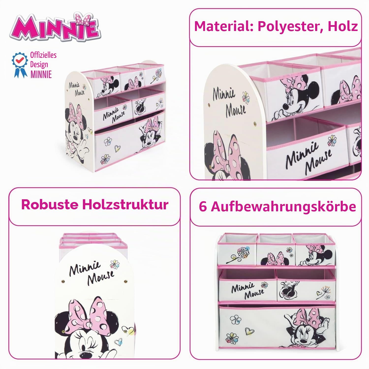 ARDITEX – Organizer aus Holz mit 6 Textilboxen mit Minnie-Mouse-Motiv von Disney – 62x30x60 cm – Farbe Schwarz-Weiß – Perfekt zum Aufbewahren von Spielzeug im Kinderzimmer