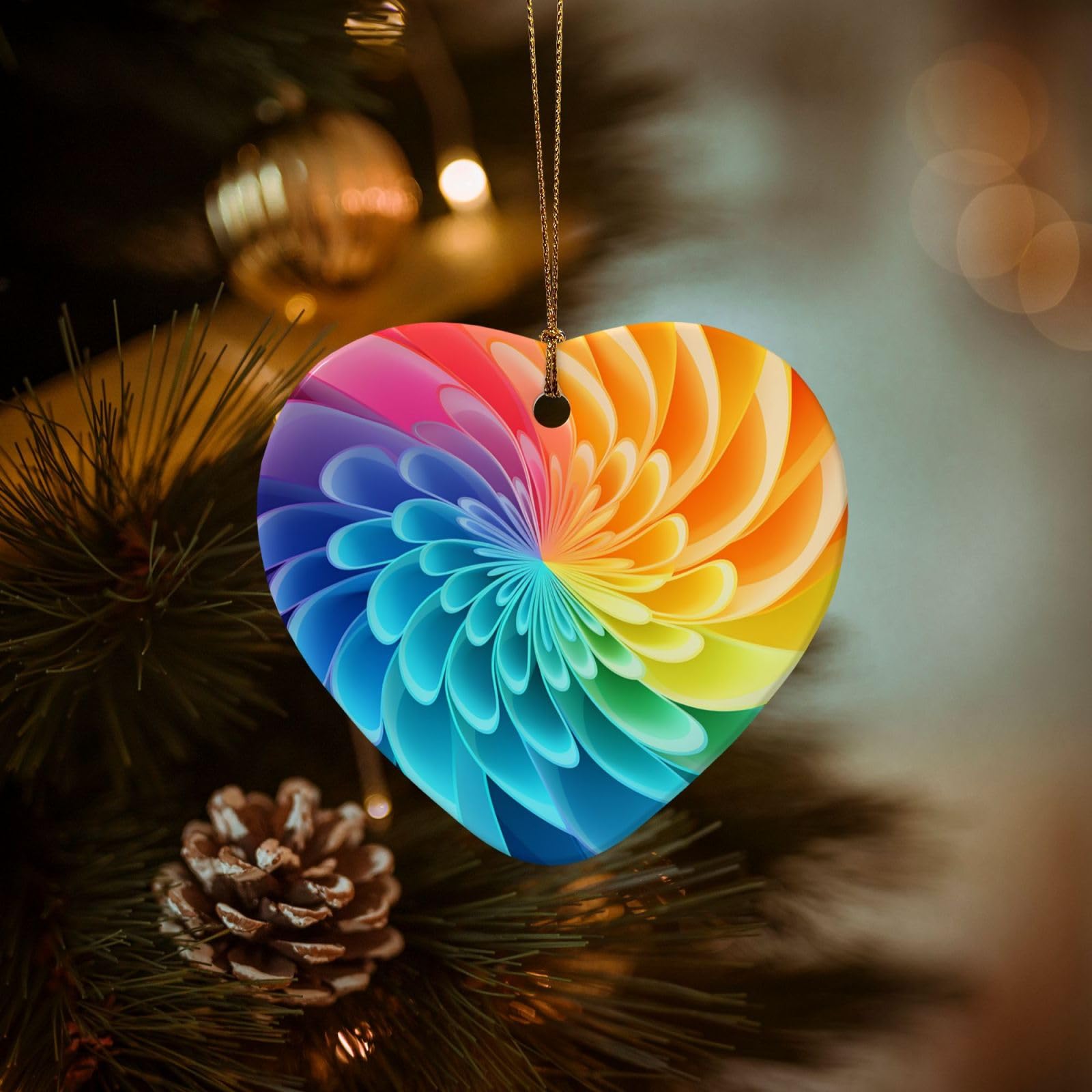Christmas Ornaments for Christmas Tree Decoration Hanging Rainbow Dynamic Ornament with Gold Ribbon Crafts Heart Shape Ceramic Pendant for Keepsake Gifts Xmas Decor Party Supplies