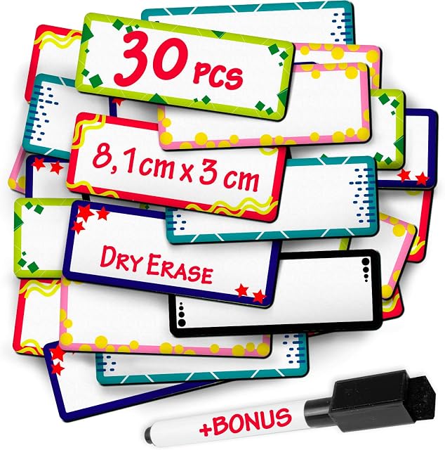 Dry Erase Magnetic Labels and Stickers - Blank Write on Magnet - Peel and Stick Magnetic Sheets use as Whiteboard Magnets, Writable Magnetic Tape, Magnetic Accents, Name Tag and Shelf Magnetic Labels